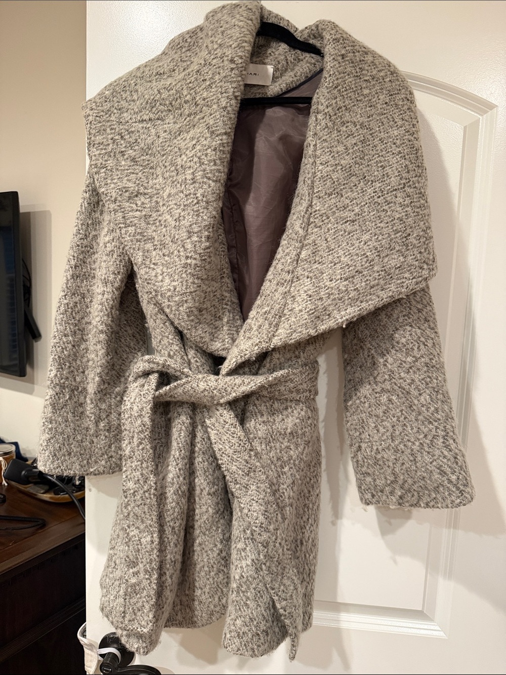 T Tahari Light Gray Shawl-Collar Belted Trench Coat